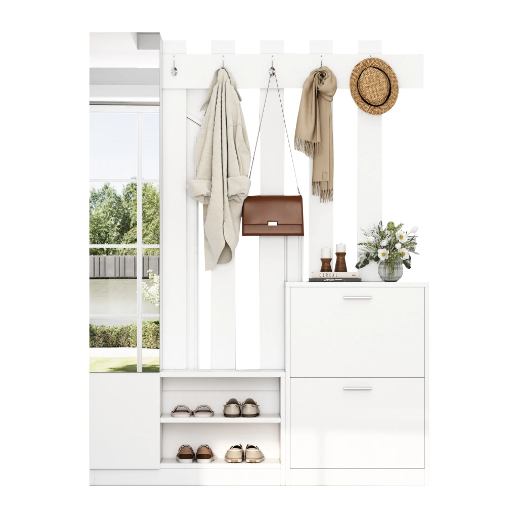 Mobile da Ingresso con Specchio; 2 Scarpiere; Ripiani e 5 Ganci; Pannello di Truciolare; Bianco