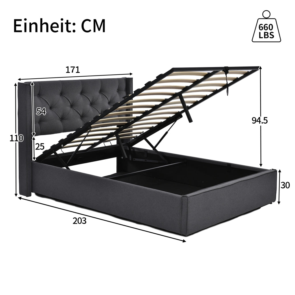 Letto matrimoniale imbottito 160x200 cm con contenitore, struttura in legno massiccio e rete a doghe sollevabile, grigio