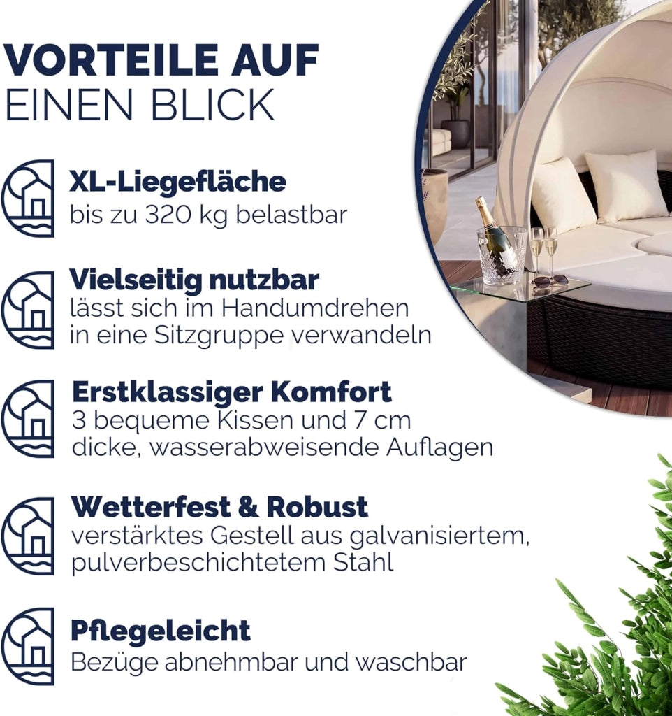 ® Lettino Prendisole Isola Polyrattan Sdraio da Giardino con Tavolo 185 cm Set Mobili Lounge per Esterno Divano Letto da Spiaggia Salottino