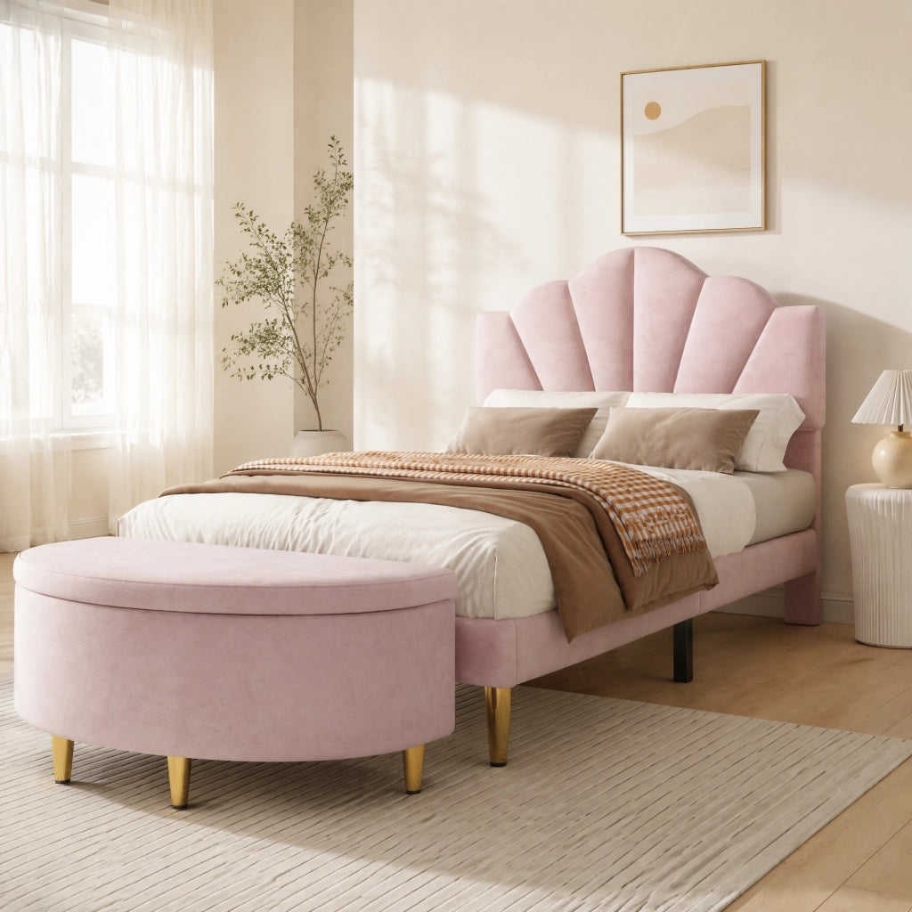 Letto imbottito in velluto rosa 90x200 cm con testiera regolabile, rete a doghe in legno e metallo, panca contenitore inclusa