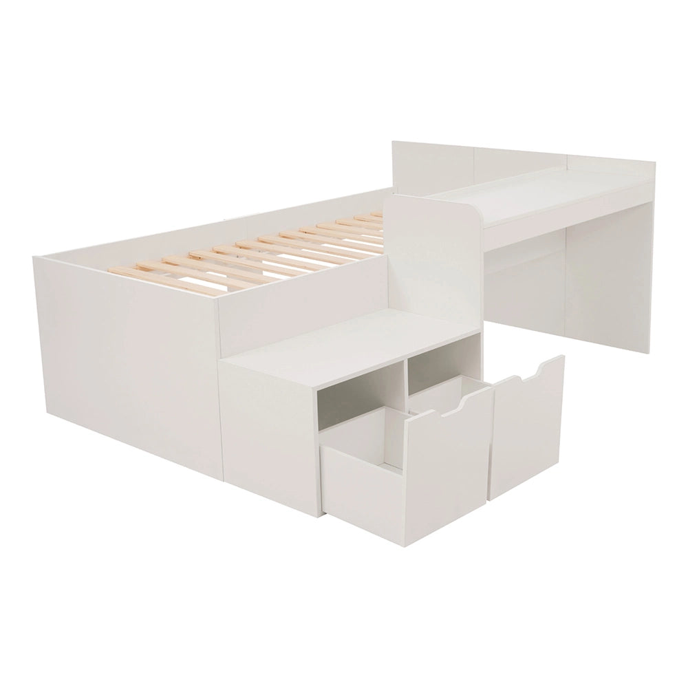 Letto singolo per bambini con scrivania e cassetti - Xylo - 90x200 cm - Bianco - Con rete a doghe
