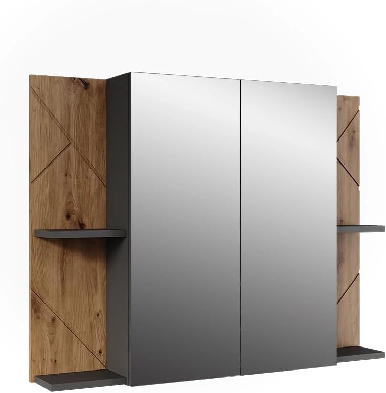Mobile a specchio per il bagno Irma, Bianco/bianco lucido, 100 x 75 cm con 2 porte, con specchio e ripiani regolabili