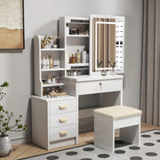 Toeletta con specchio LED; 3 modalità luce; ampio spazio contenitivo; bianca in MDF