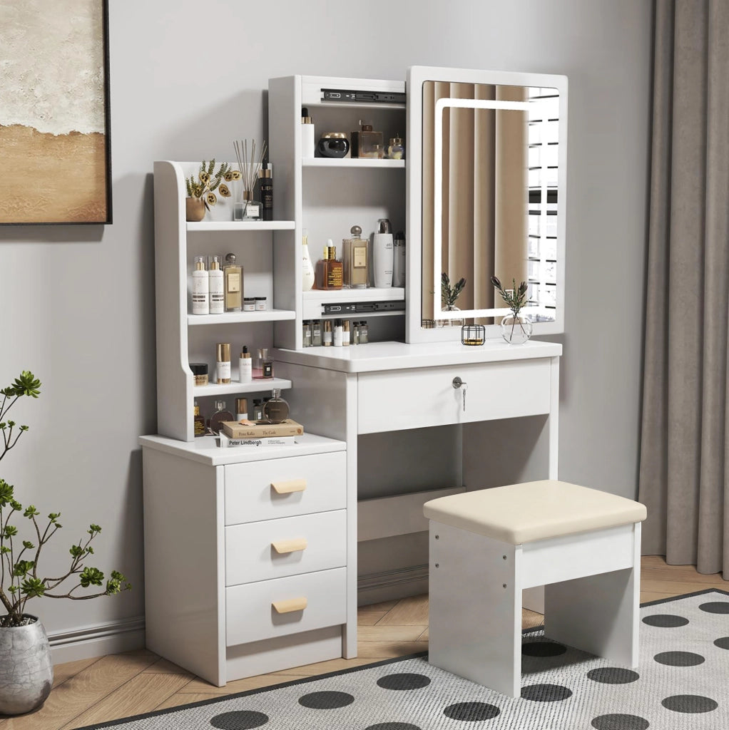 Toeletta con specchio LED; 3 modalità luce; ampio spazio contenitivo; bianca in MDF