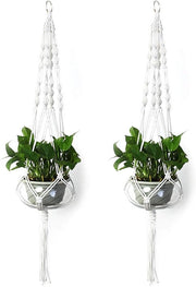 Cestino a Macramè per Piante 2 Pezzi, Cesto per Piante da Appendere, Cesto per Fiori in Rete, Cesto per Piante da Appendere per Esterno e Interno, Decorazione per Parete, Giardino, Piazzetta, Corridoio, Casa (105cm Bianco)