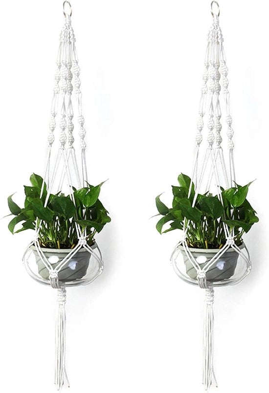 Cestino a Macramè per Piante 2 Pezzi, Cesto per Piante da Appendere, Cesto per Fiori in Rete, Cesto per Piante da Appendere per Esterno e Interno, Decorazione per Parete, Giardino, Piazzetta, Corridoio, Casa (105cm Bianco)