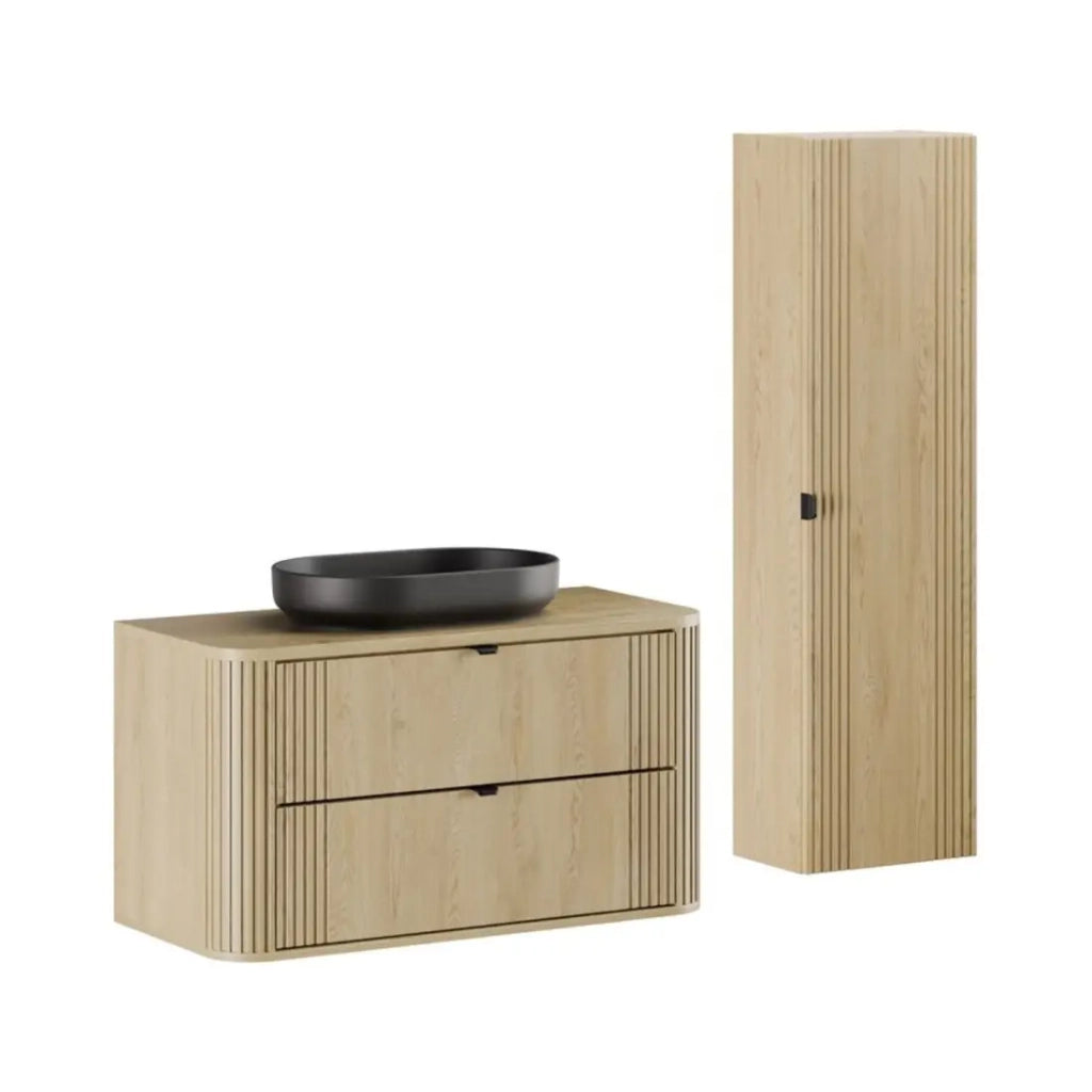 Set da bagno KORI: mobile sotto lavabo 100cm + top per lavabo + lavabo da appoggio + colonna di contenimento