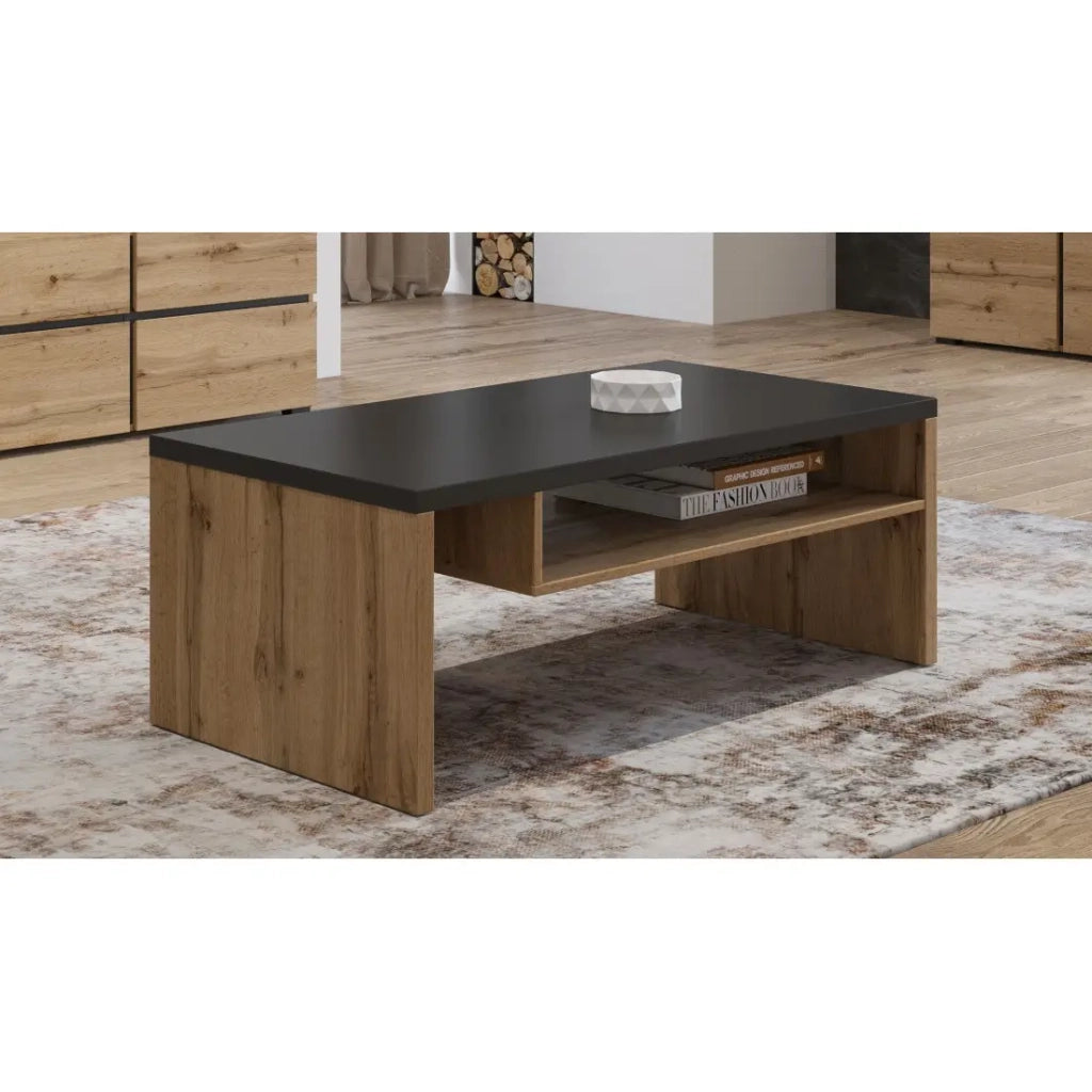 Tavolino HAVANA – Rovere e nero – Piano nero opaco – Con nicchia – Stile naturale e moderno