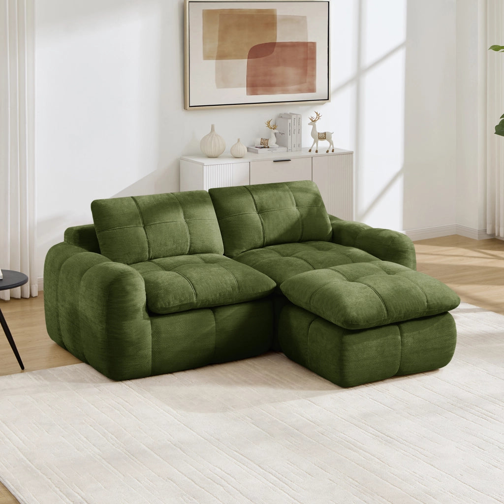 Divano ad angolo modulare 2 posti senza telaio con seduta ergonomica e pouf per salotto in ciniglia verde