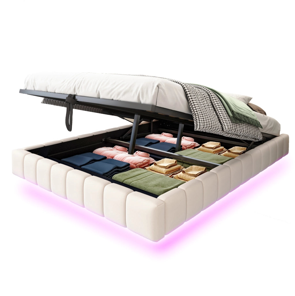 Letto imbottito sospeso 140x200 cm beige con LED e vano contenitore