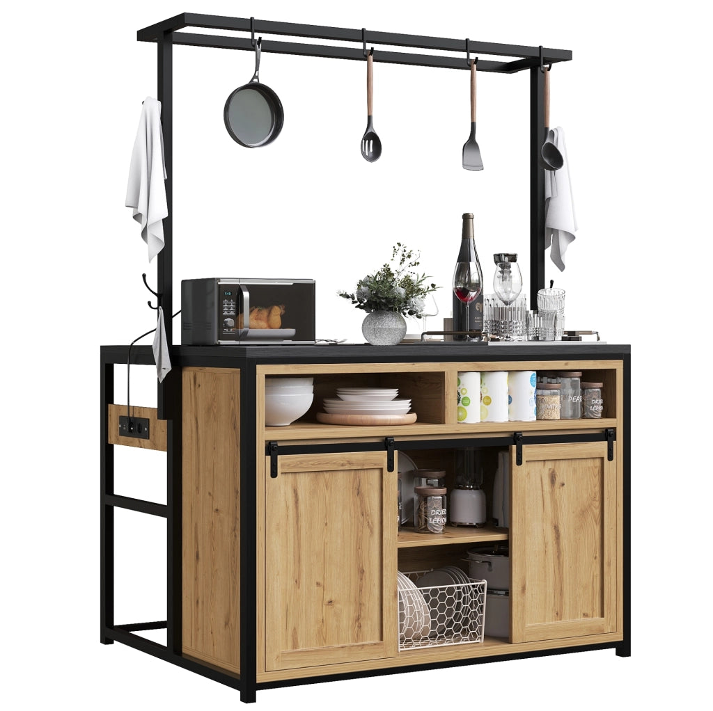 Credenza cucina con piano d’appoggio, prese integrate e ripiano a parete 107x62x183 cm in MDF e metallo