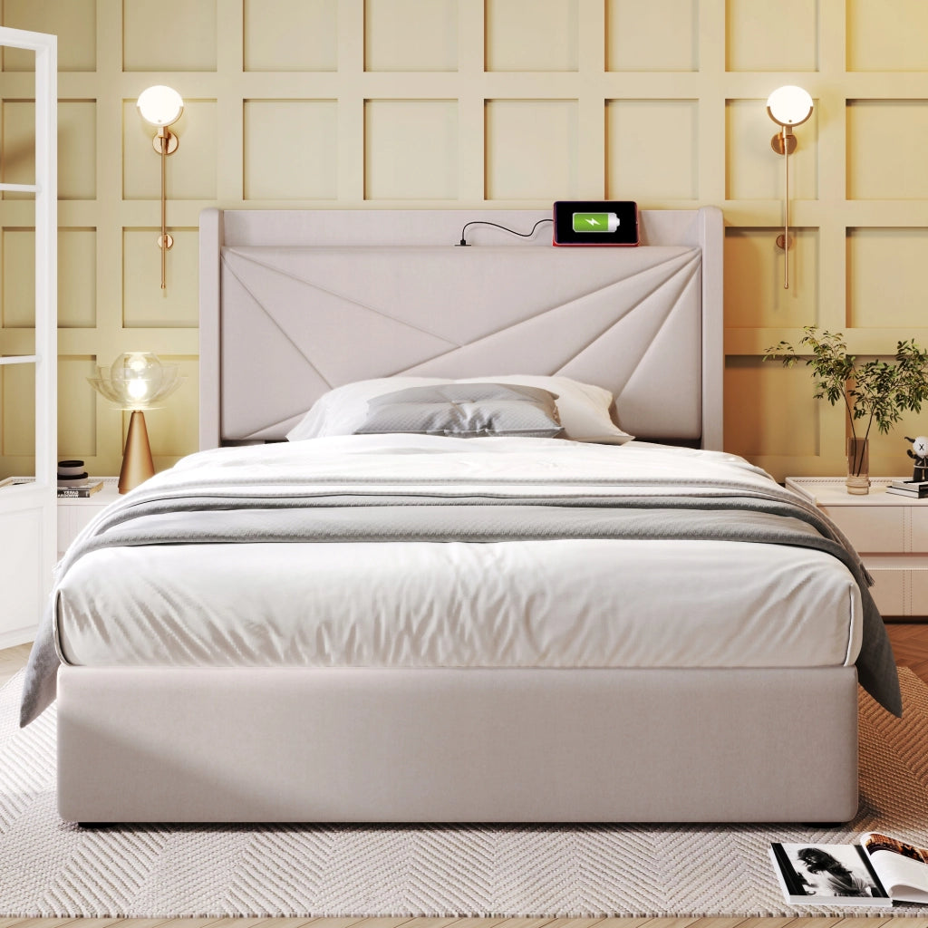Letto singolo con materasso - Xylo - 90x200 - Lino - Schienale imbottito, USB-C