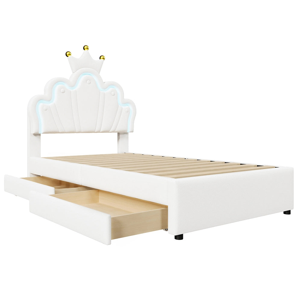 Letto bambino-Xylo-90x200 cm-2 cassetti, LED, testiera corona, PU bianco