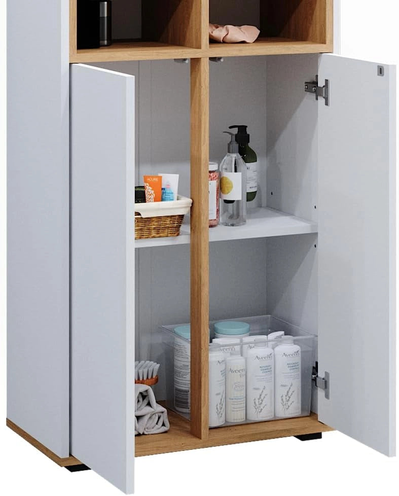 Mobiletto bagno Didi, Bianco/Artisan, 60 x 97 cm con 2 porte, per la conservazione di articoli da bagno e prodotti per la cura personale