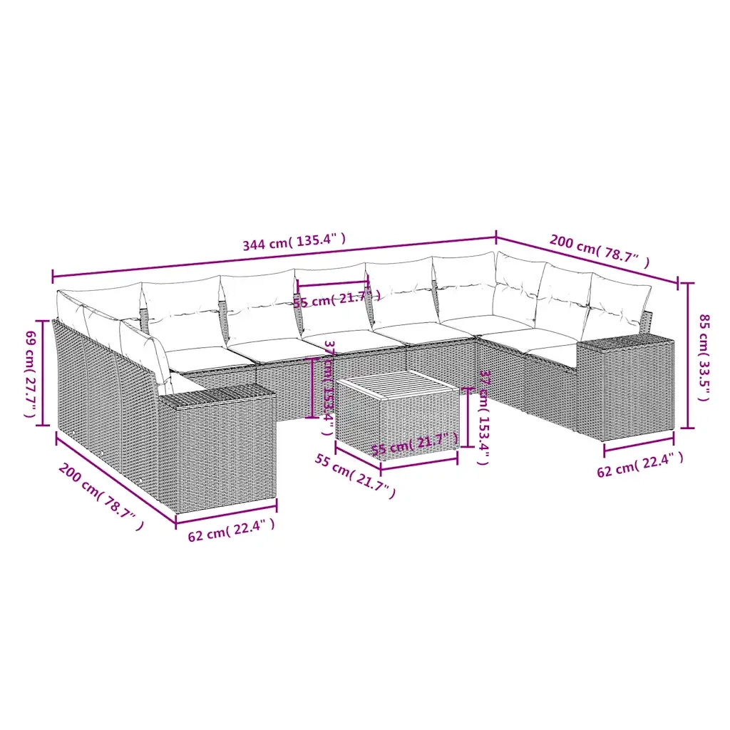 Set Divani da Giardino 11 pz con Cuscini Nero in Polyrattan 3225616