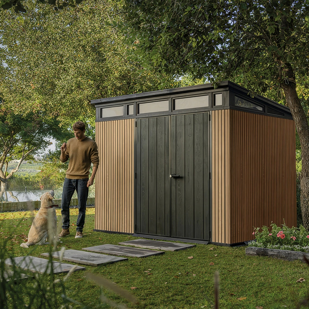 Pent 9x7 - Casetta da Giardino 279x226x218 cm 2 Ante per deposito attrezzi finitura effetto legno Evotech+ in Resina Marrone e Nero