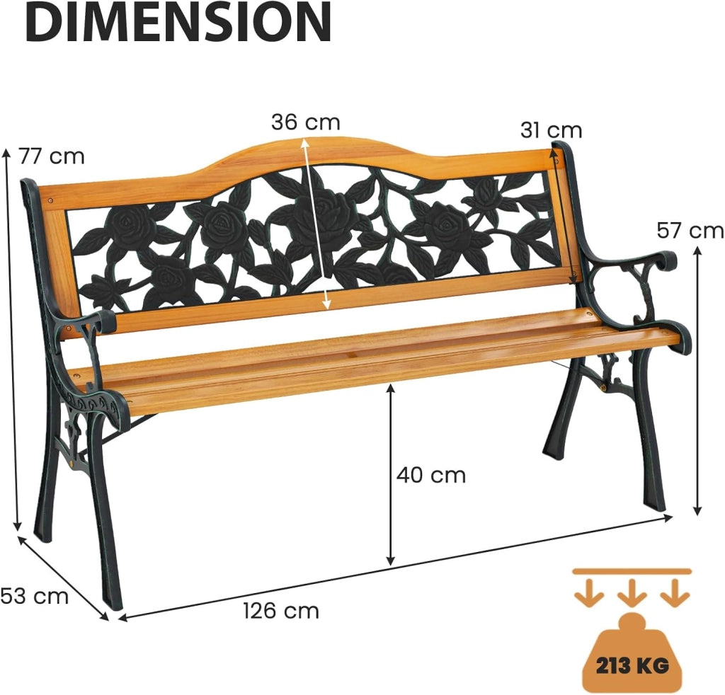 Panca da giardino a 2 posti, panca da parco in legno di pino, sedia da parco con schienale, carico di 210 kg, telaio in metallo, per balcone, terrazza (modello 3, 126 x 52 x 77 cm)