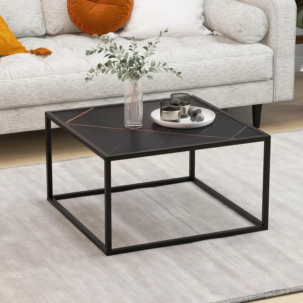 Tavolino da caffè effetto marmo, tavolino da tè con telaio in metallo, tavolo moderno, tavolino quadrato per soggiorno, 70 x 70 x 40 cm (nero)