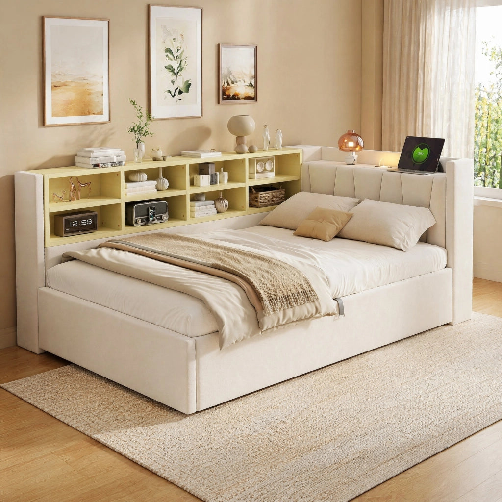 LETTO Contenitore 90x200 cm in Velluto Beige con testiera multifunzione