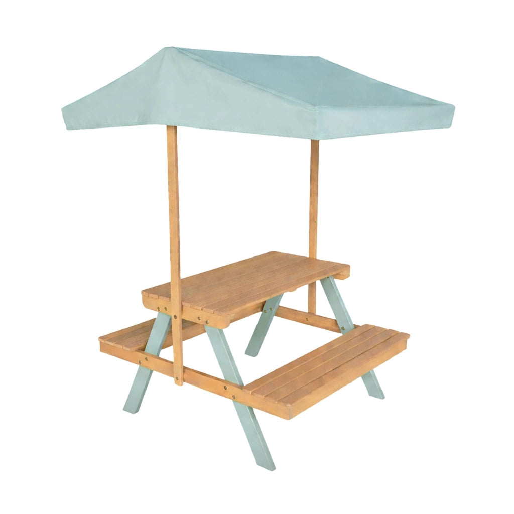 Tavolo da picnic in legno per bambini con ombrellone, 2 posti, verde