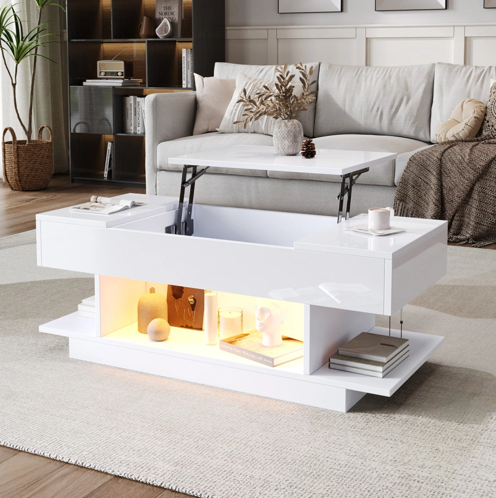 Tavolino elevabile bianco con luci LED e contenitore