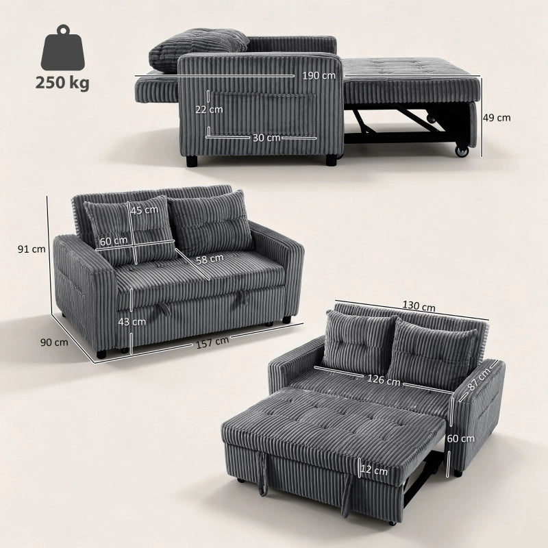 Divano letto 2 posti convertibile 3 in 1 con schienale regolabile, cuscini e tasche laterali in poliestere grigio scuro 190 × 126 cm