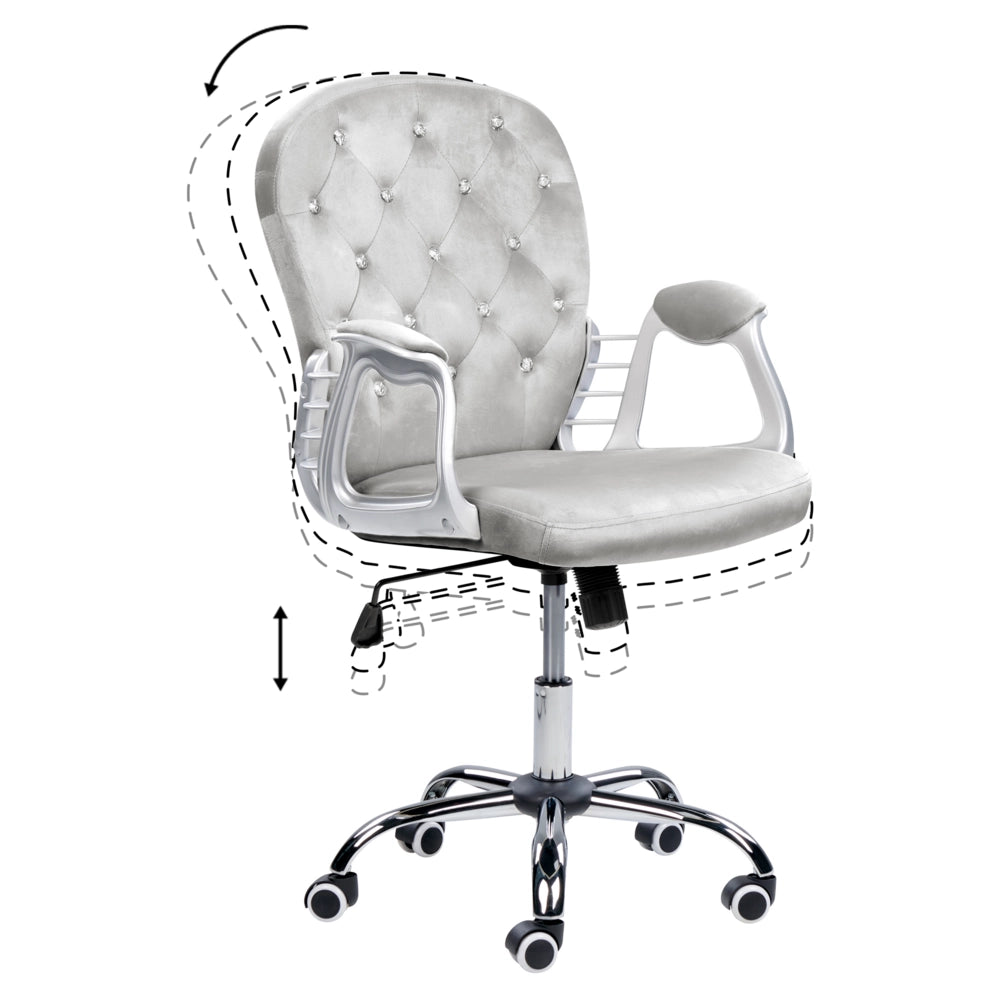 Sedia da ufficio in velluto grigio chiaro con cristalli e altezza regolabile e schienale trapuntato stile retrò moderno