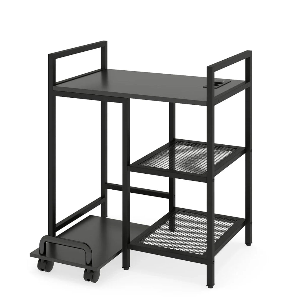 Printer Stand with Charging Station, 3-Tier Printer Table with Storage Shelves, Mobile Stand, Black