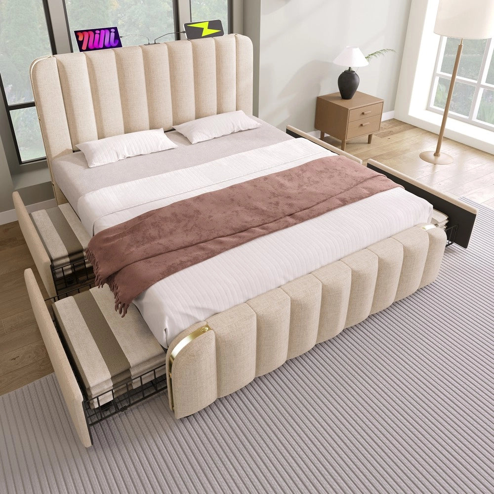 Letto Imbottito Matrimoniale con Cassetti e USB ¨C MINIMAL ¨C Beige, Tessuto, 160x200