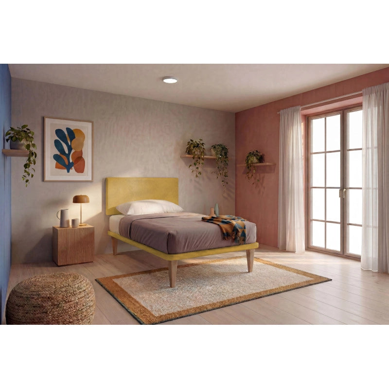 Letto imbottito Singolo 80x190 cm Flat - Con rete,Microfibra,Ocra