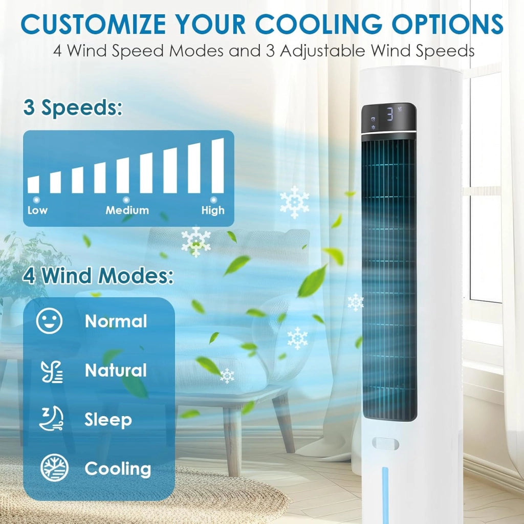 Ventilatore a torre con diffusore di aromi, telecomando a 3 livelli, con raffreddamento ad acqua, oscillazione 50°, timer 12 ore e modalità sleep per ufficio/casa, ventilatore silenzioso da