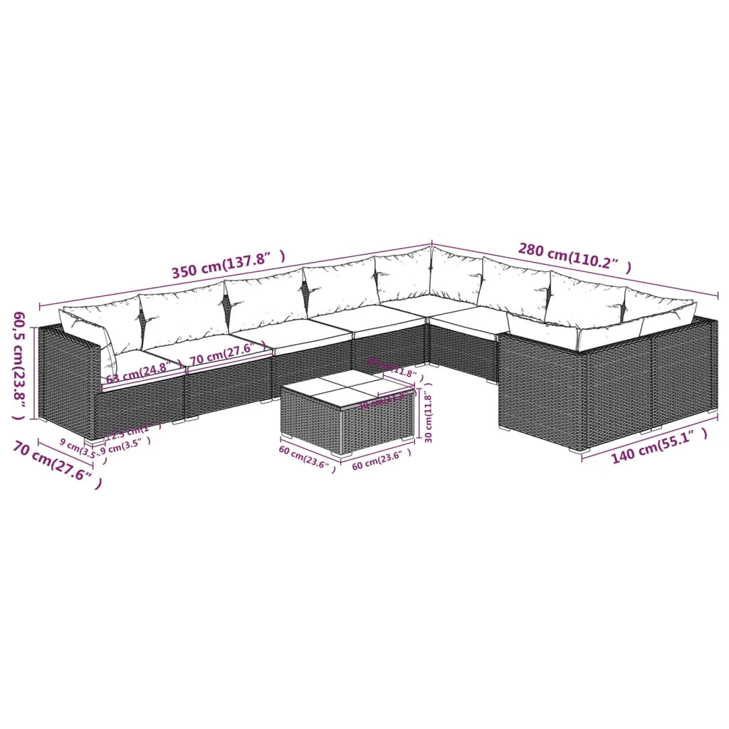 Set Divani da Giardino 10 pz con Cuscini in Polyrattan Nero cod mxl 34581