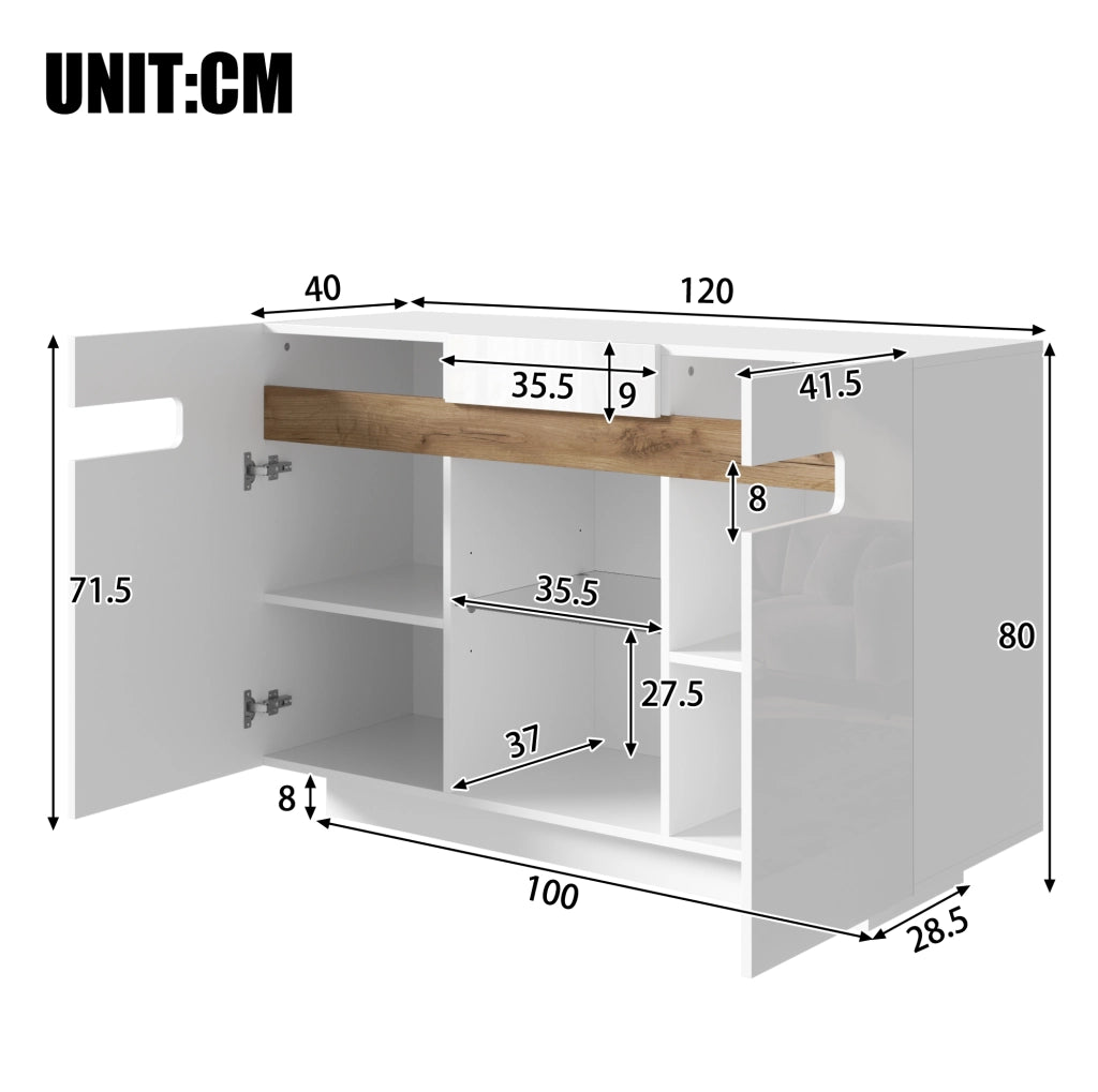 Sideboard con LED e ripiani regolabili 120×40×80 cm bianco e legno naturale