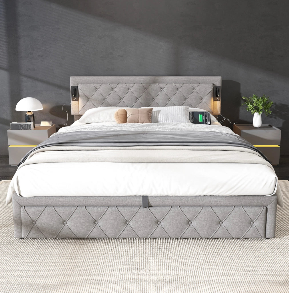 Letto contenitore con LED e USB; rete a doghe in legno; lino grigio