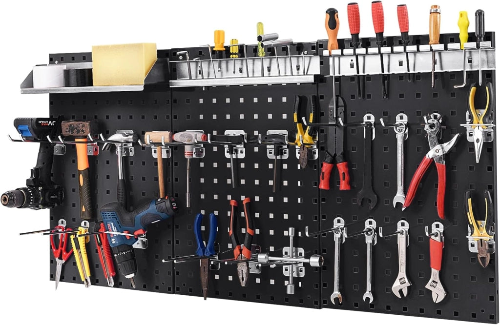 Kit 3 Pannelli Porta Attrezzi da Parete 60 x 40 cm, Pannello Forato Portaoggetti con 24 Ganci e Supporti, Pannello Portautensili per Officina e Garage (Nero)