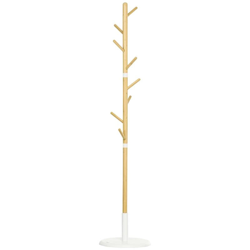 ALBERO APPENDIABITI A 8 GANCI CON BASE ROTONDA IN BAMB¨, LEGNO E METALLO, Ï37.8X175.6 CM, COLOR LEGNO E BIANCO