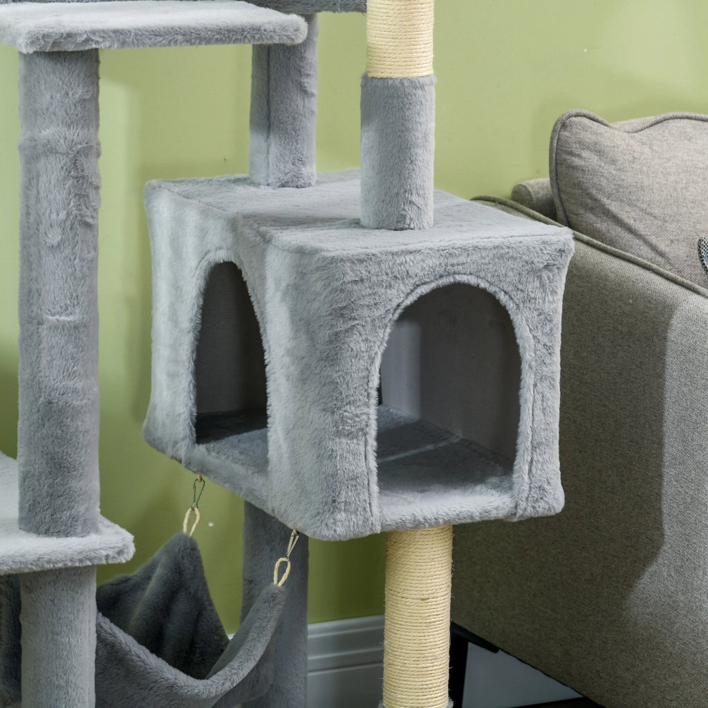 EasyComfort Albero per Gatti con Amaca, Lettino e 2 Casette, in Truciolato e Peluche, 55x49x177 cm, Grigio e Bianco