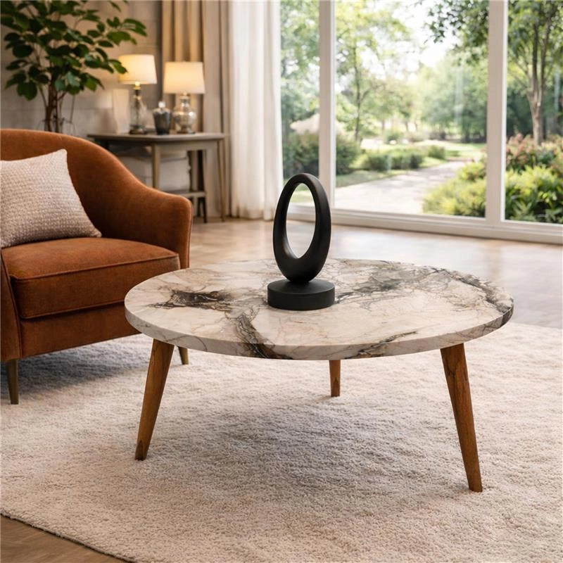 TABLE TAVOLINO TONDO DA CAFFÈ CON PIANO AD EFFETTO MARMO BIANCO DA D.75X43H  CM