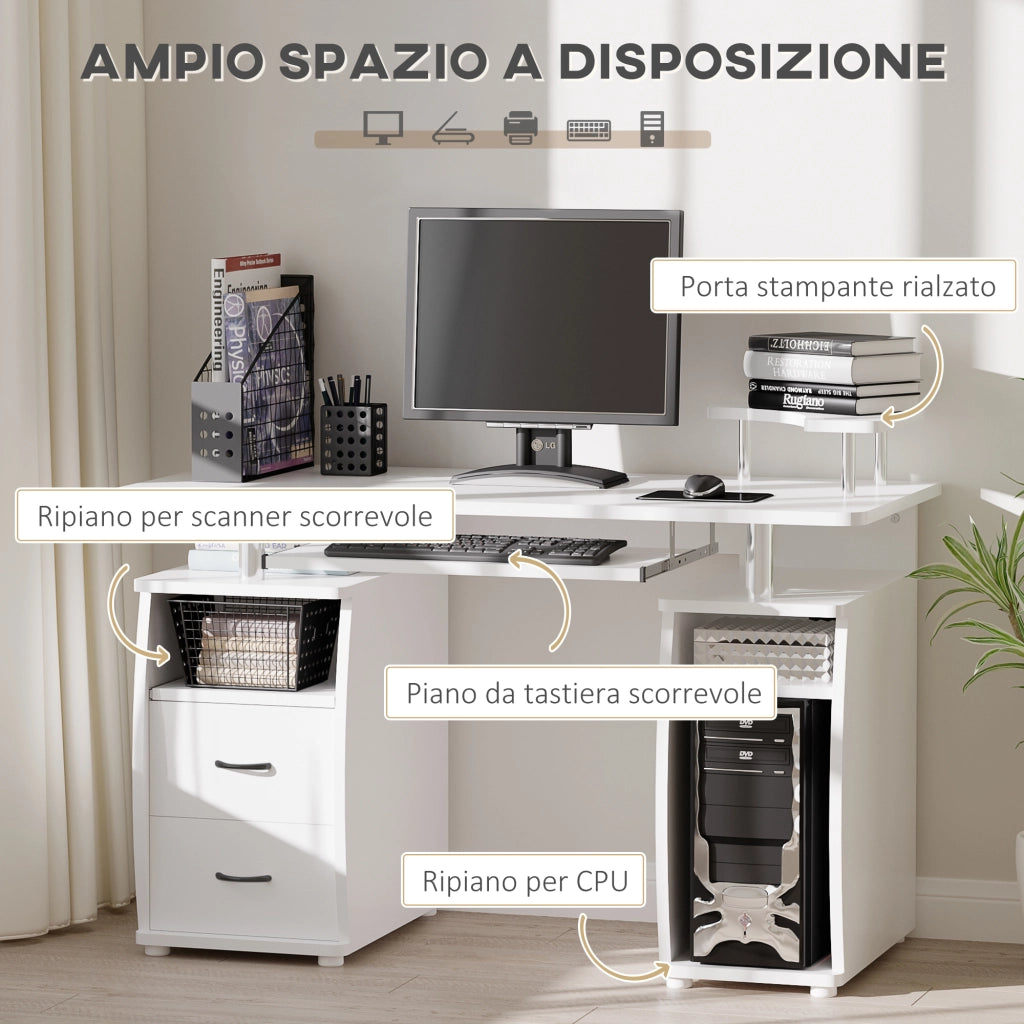 EasyComfort Scrivania per PC con Ripiano per Tastiera e per Monitor e 2 Cassetti, 120x55x85 cm, Bianca
