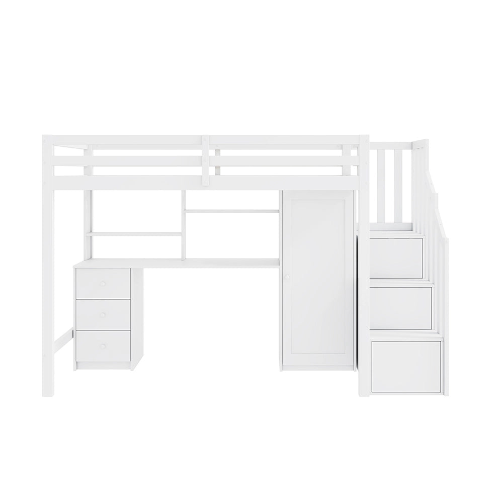 Letto a soppalco con scrivania e armadio - Xylo - 90x200 cm - Bianco - Scrivania, armadio, cassetti