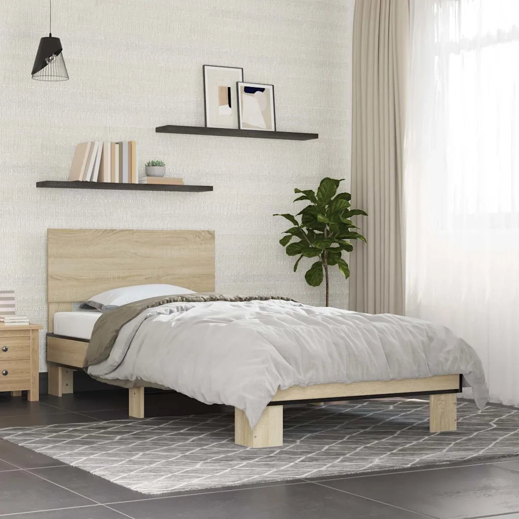 Letto singolo | Letto per adulti | Giroletto Rovere Sonoma 75x190cm in Legno Multistrato e Metallo