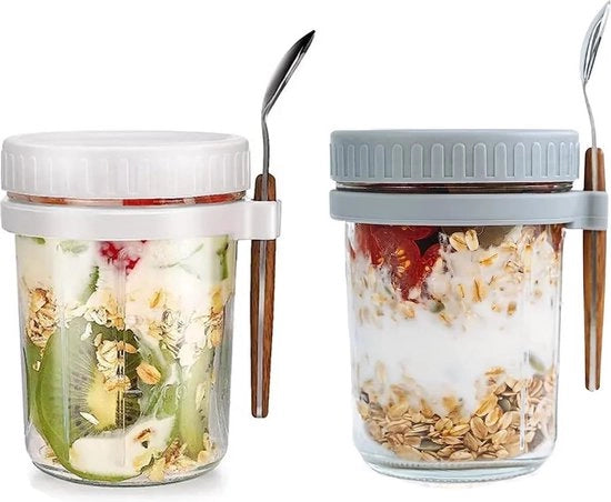 Set di 2 contenitori per colazione con coperchio e cucchiaio, 350 ml, contenitori in vetro per overnight oats, contenitori Mason con scala di misura, contenitore a chiusura ermetica per yogurt, cere, insalata, frutta.