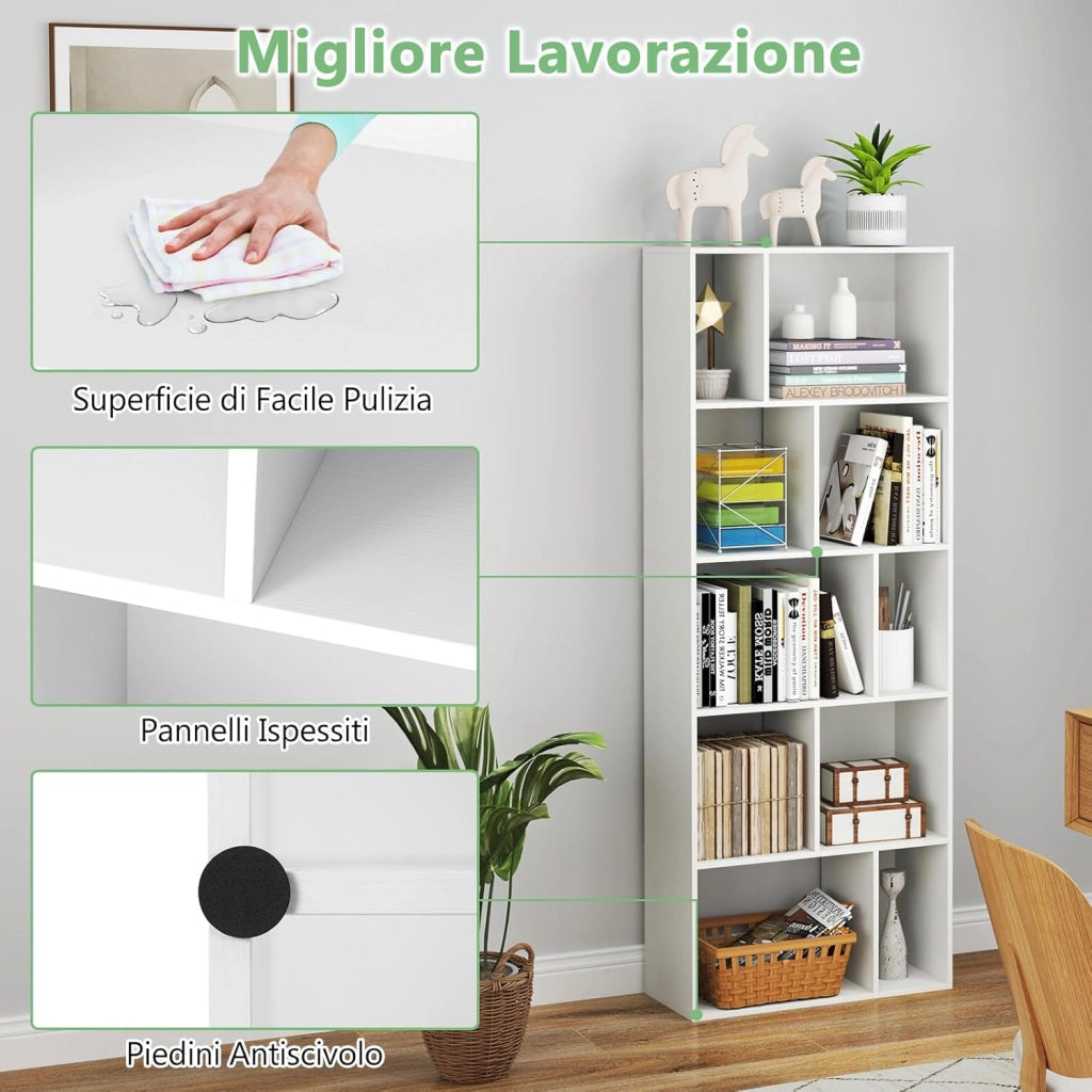 Libreria Geometrica a 5 Piani, Scaffale in Legno con 10 Scomparti, Mensola Espositiva a Pavimento, Scaffale Autoportante per Studio Soggiorno Camera da Letto, 60x25x160 cm