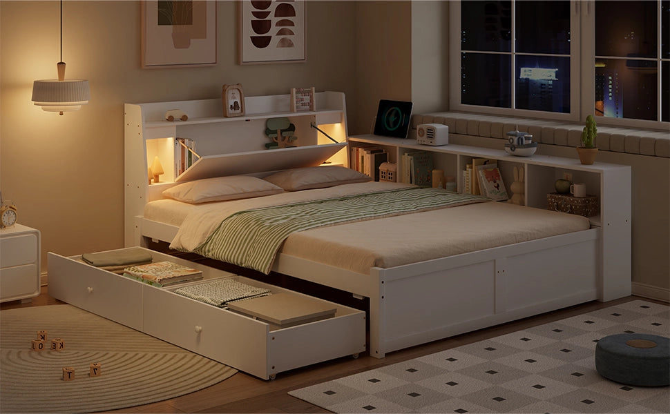 Letto matrimoniale con testiera portaoggetti; 2 luci LED e prese USB; struttura in legno massello e MDF; bianco; 140x200 cm