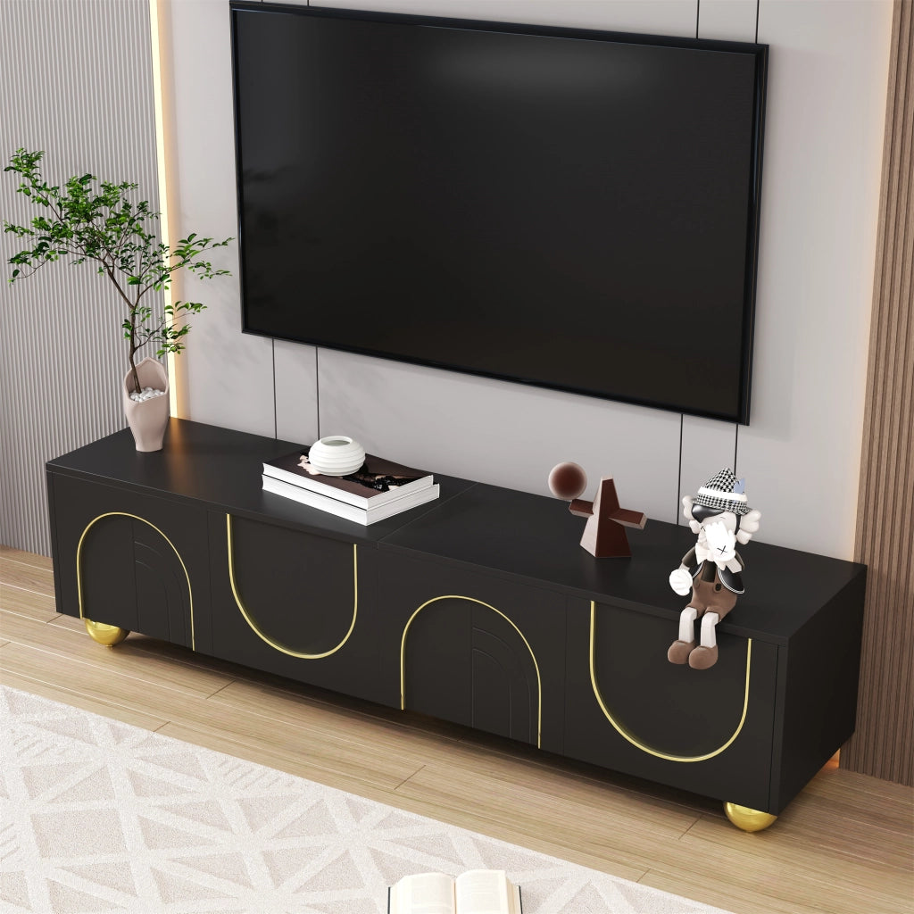 Mobile TV con 4 Ante e Ripiani; Apertura Push-to-Open; Piedini Rotondi Dorati; in Pannello Truciolare; 170??38??44 cm; Nero