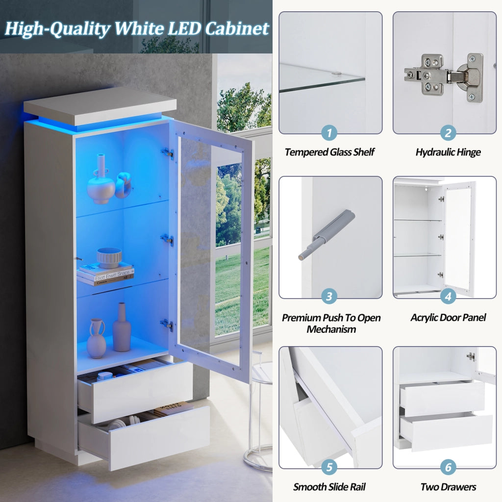 Vetrina con LED, 2 cassetti e 1 anta in acrilico, ripiani in vetro temperato, per soggiorno, bianca, 60 × 40 × 171 cm