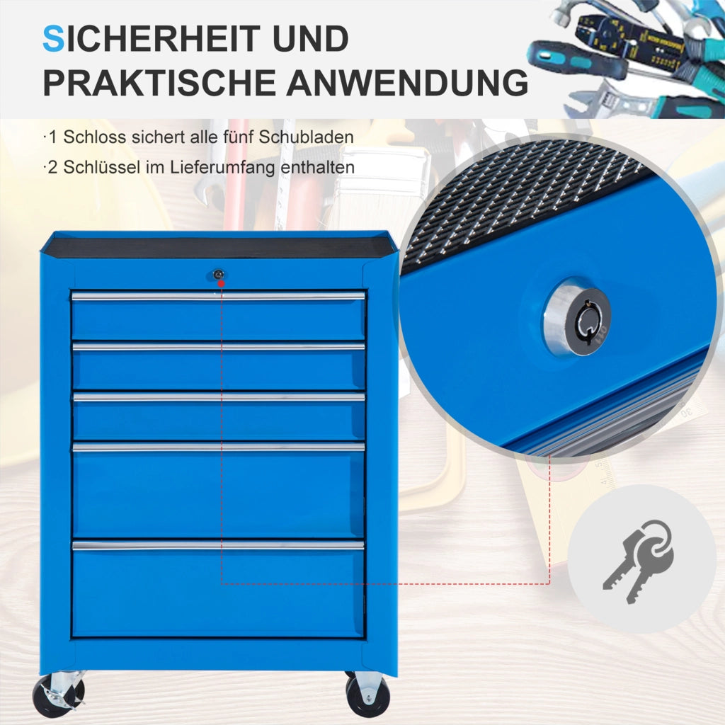 Cassettiera con 5 cassetti mobile in acciaio blu ¨C zephmum ¨C rotelle metallo