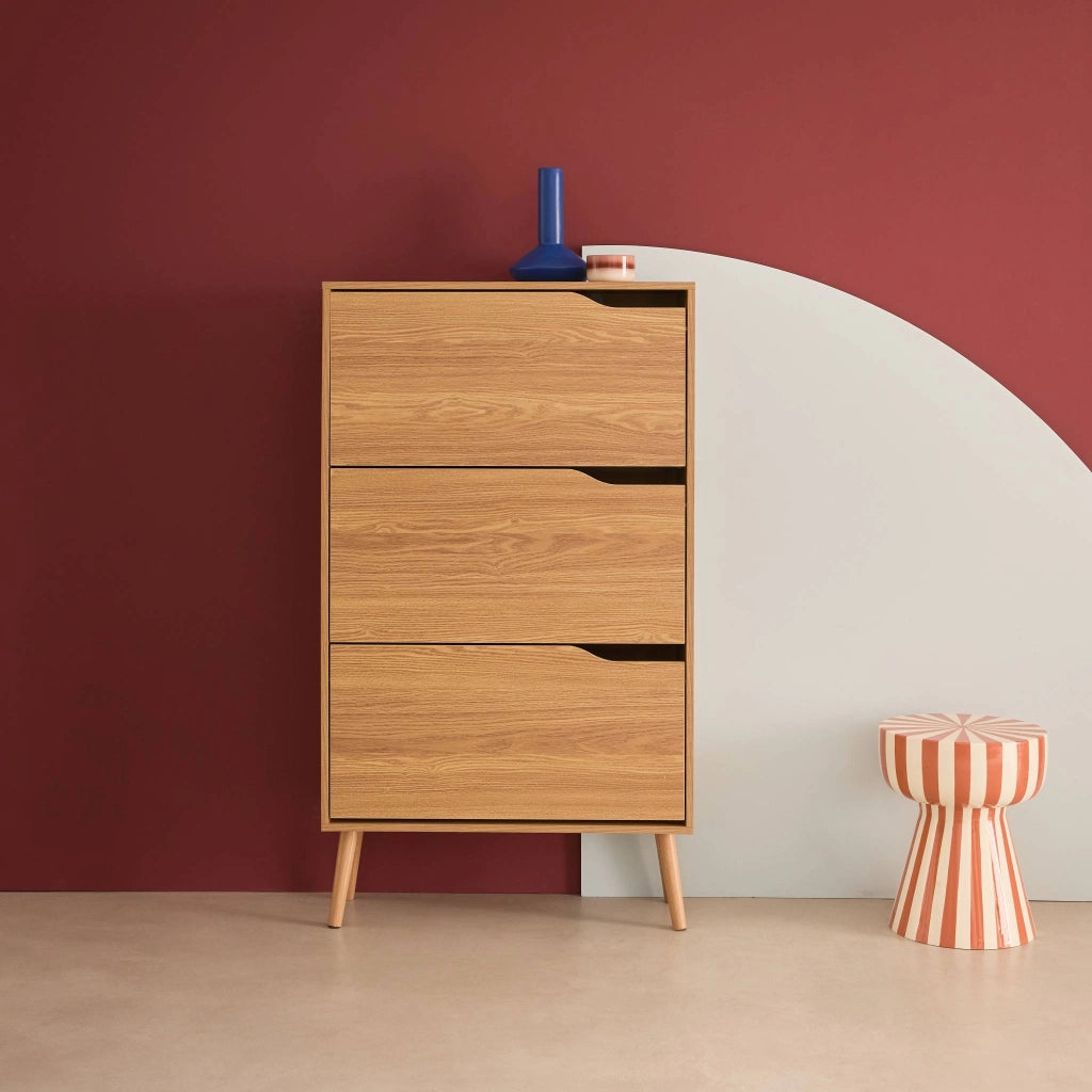 Scarpiera con decoro in legno, 3 ante, marrone naturale