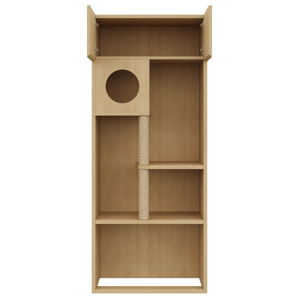 Mobile contenitore per gatti con tiragraffi in sisal; cuccia rotonda e vano chiuso con ripiani; in MDF; 80×45×193 cm