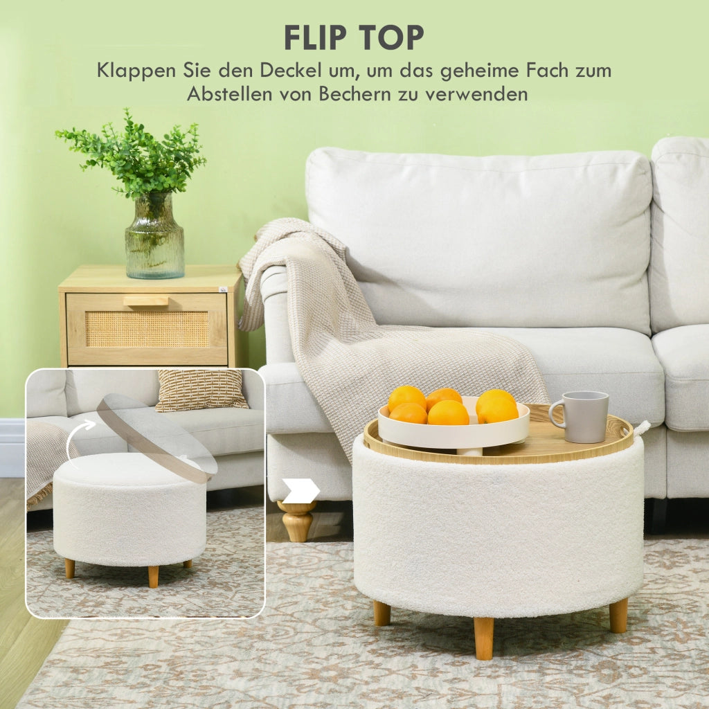 Pouf contenitore rotondo con coperchio ribaltabile e vano nascosto, per soggiorno e ingresso, in poliestere bianco